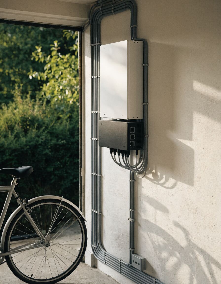 Home battery and inverter on a garage wall