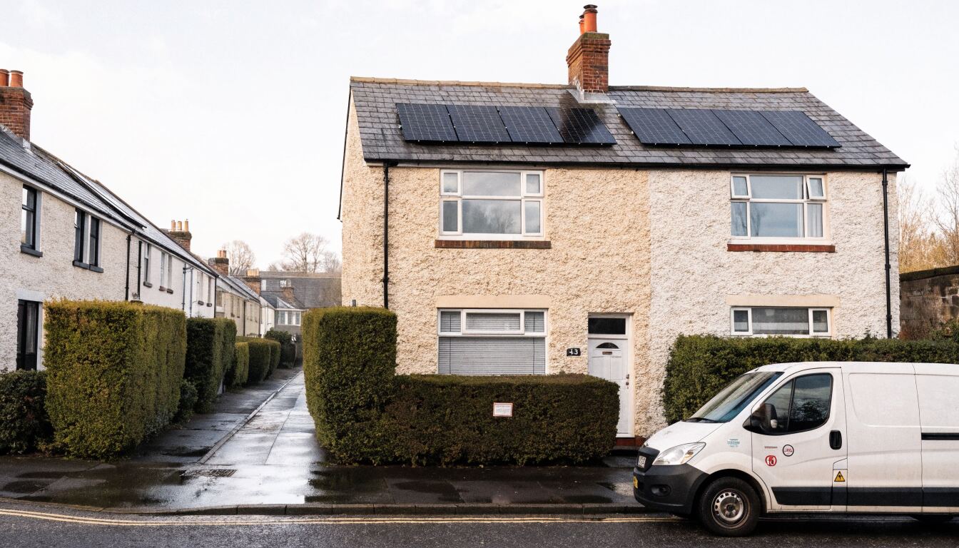 Semi-detached house with ten solar panels on the roof